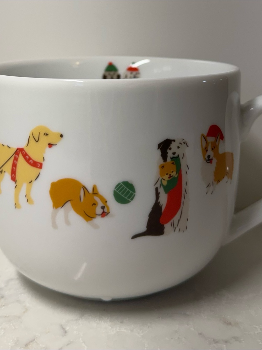 White Ceramic Dog Pattern Mug with Multicolor Christmas Holiday Accents